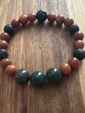 Handcrafted Beaded Stretch Bracelet w/ Indian Agate, Goldstone, & Lava Stone
